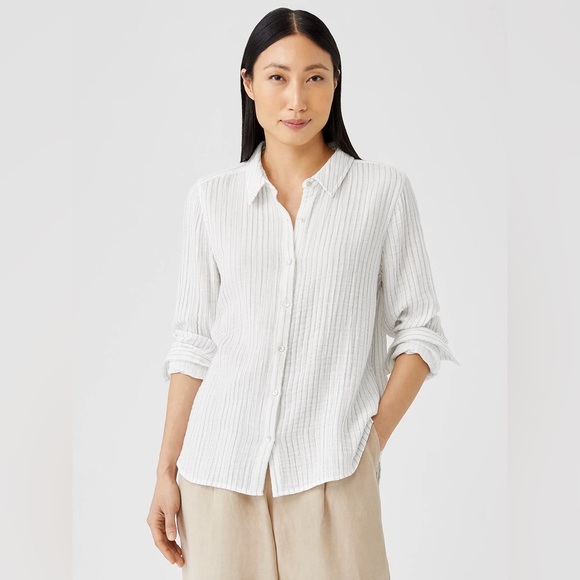Eileen Fisher Tops - Eileen Fisher Organic Cotton Gauze Striped Shirt white stripe size large NWOT